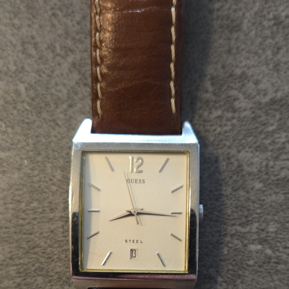 Guess Silver and Brown Leather Watch